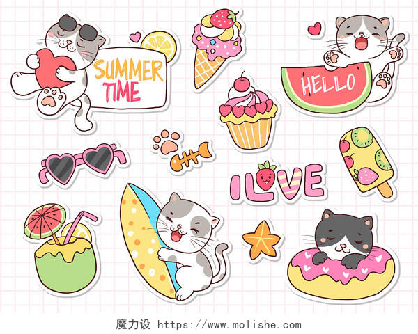 夏季可爱宠物猫拟人化海边度假旅游吃冰激凌插画